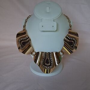 Lucid Abstract Wave Metal Art Chunky Statement Necklace Rhinestones Designer